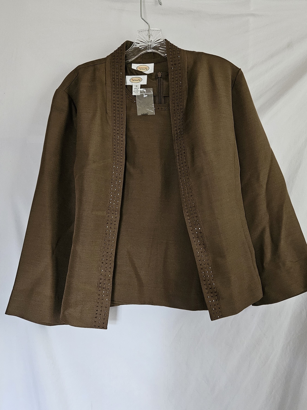 Women's 16 Brown Open-Front Jacket with Embellished Trim Talbots NWOT Careerwear
